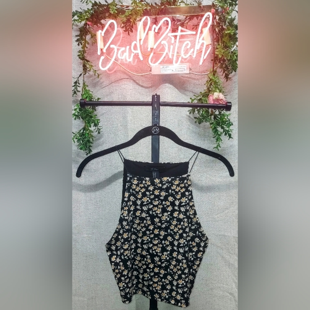 Forever 21 high neck black floral crop tank top
